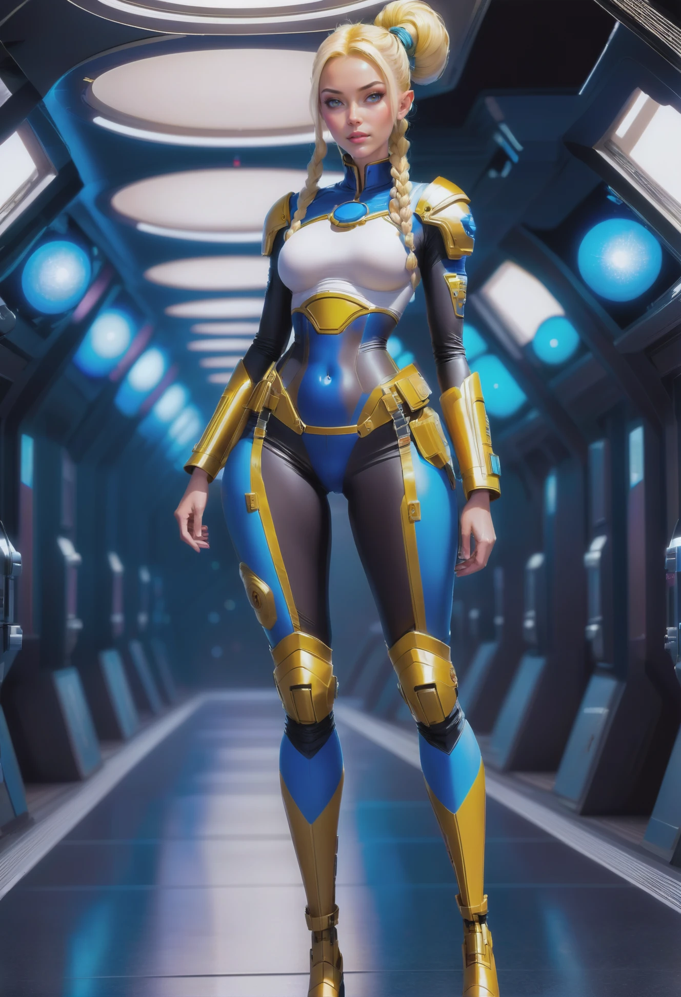 1girl, woman, scifi, solarpunk,galactic gothic,retro-futuristic, star explorer, full body, wearing skin-tight uniform, bombshell hair, blonde hair, french braids, toned body, athletic build, narrow waist, wide hips, small breasts, (african, dark skin:0.6)