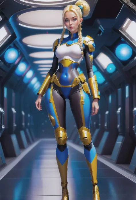 1girl, woman, scifi, solarpunk,galactic gothic,retro-futuristic,  star explorer, full body, wearing skin-tight uniform, bombshell hair, blonde hair, french braids, toned body, athletic build, narrow waist, wide hips, small breasts, (african, dark skin:0.6)