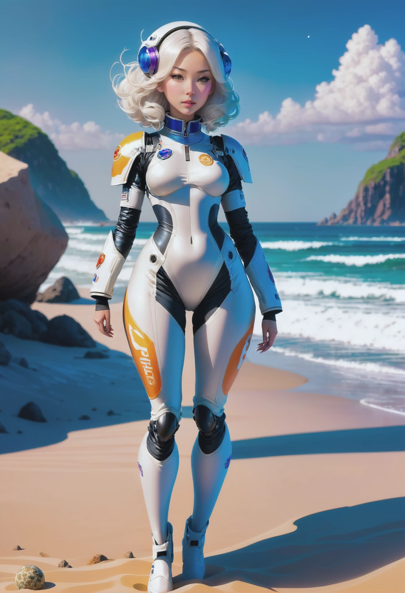 1girl, woman, scifi, chemist, full body, wearing space suit, bombshell hair, platinum hair, hair bobbles,Beach Waves, average figure, (asian:1.3)