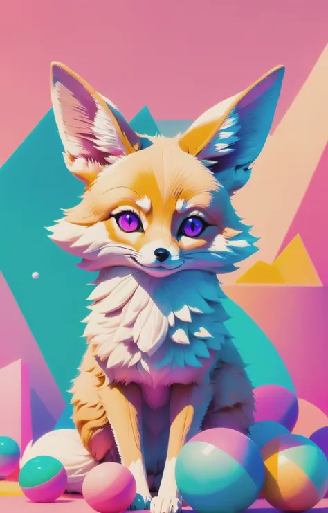 1940s bubblegum bitch aesthetics, soft colorful-hued colors, a cute fennec fox, (abstract geometric gradients:1.3), geometric shapes, simple background