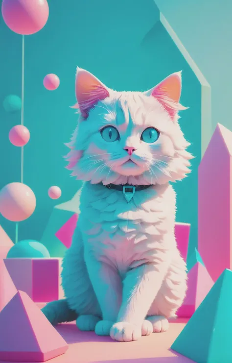 1940s bubblegum bitch aesthetics, soft cyan-hued colors, a cute cat, (abstract geometric gradients:1.3), geometric shapes, simple background