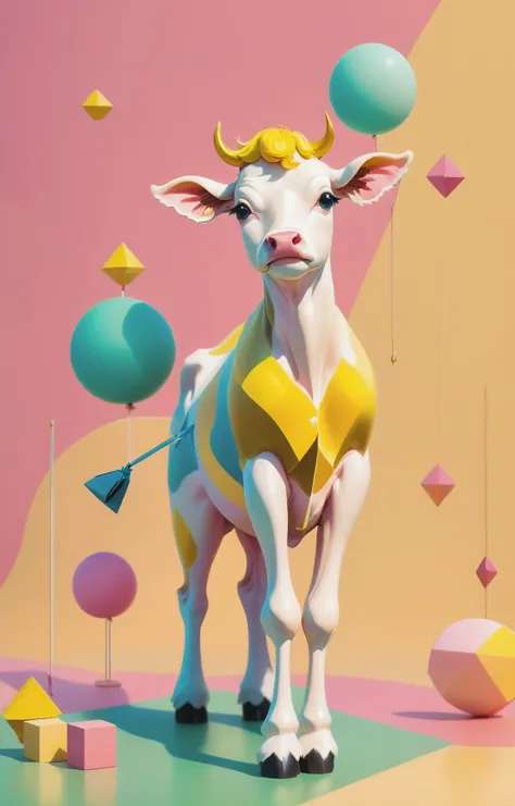 1940s bubblegum bitch aesthetics, soft yellow-hued colors, a tiny and cute cow, (abstract geometric gradients:1.3), geometric shapes, simple background