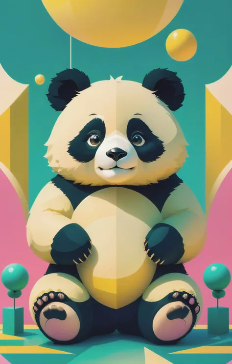 1940s bubblegum bitch aesthetics, soft yellow-hued colors, a cute panda, (abstract geometric gradients:1.3), geometric shapes, simple background