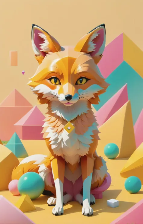 1940s bubblegum bitch aesthetics, soft yellow-hued colors, a cute fox, (abstract geometric gradients:1.3), geometric shapes, simple background