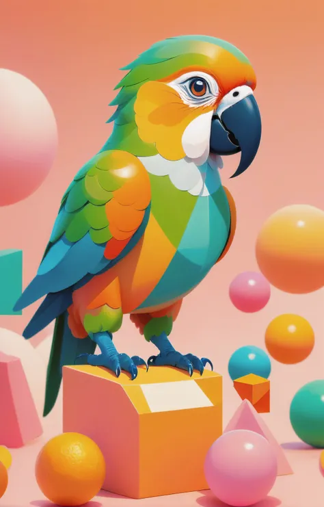 1940s bubblegum bitch aesthetics, soft orange-hued colors, a cute parrot, (abstract geometric gradients:1.3), geometric shapes, simple background