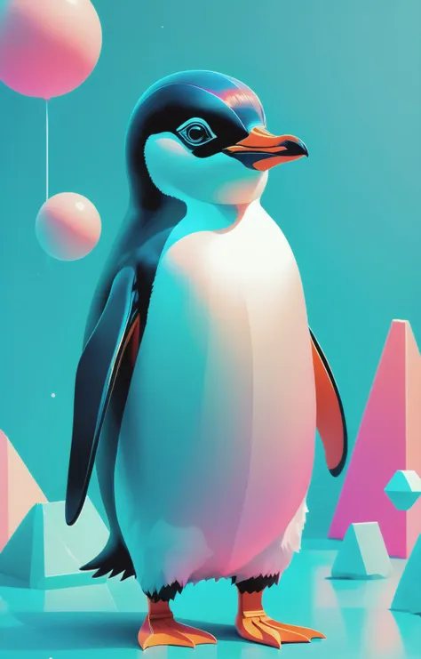 1940s bubblegum bitch aesthetics, soft cyan-hued colors, a tiny and cute penguin, (abstract geometric gradients:1.3), geometric shapes, simple background