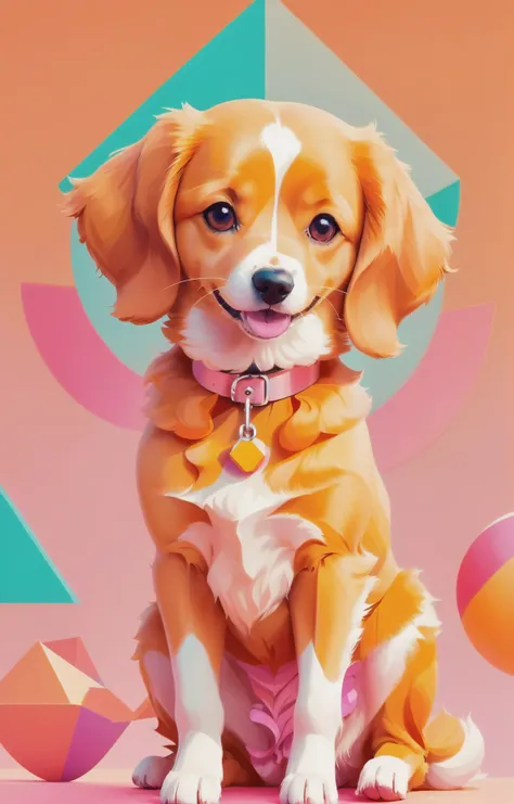 1940s bubblegum bitch aesthetics, soft orange-hued colors, a cute and happy dog, (abstract geometric gradients:1.3), geometric shapes, simple background