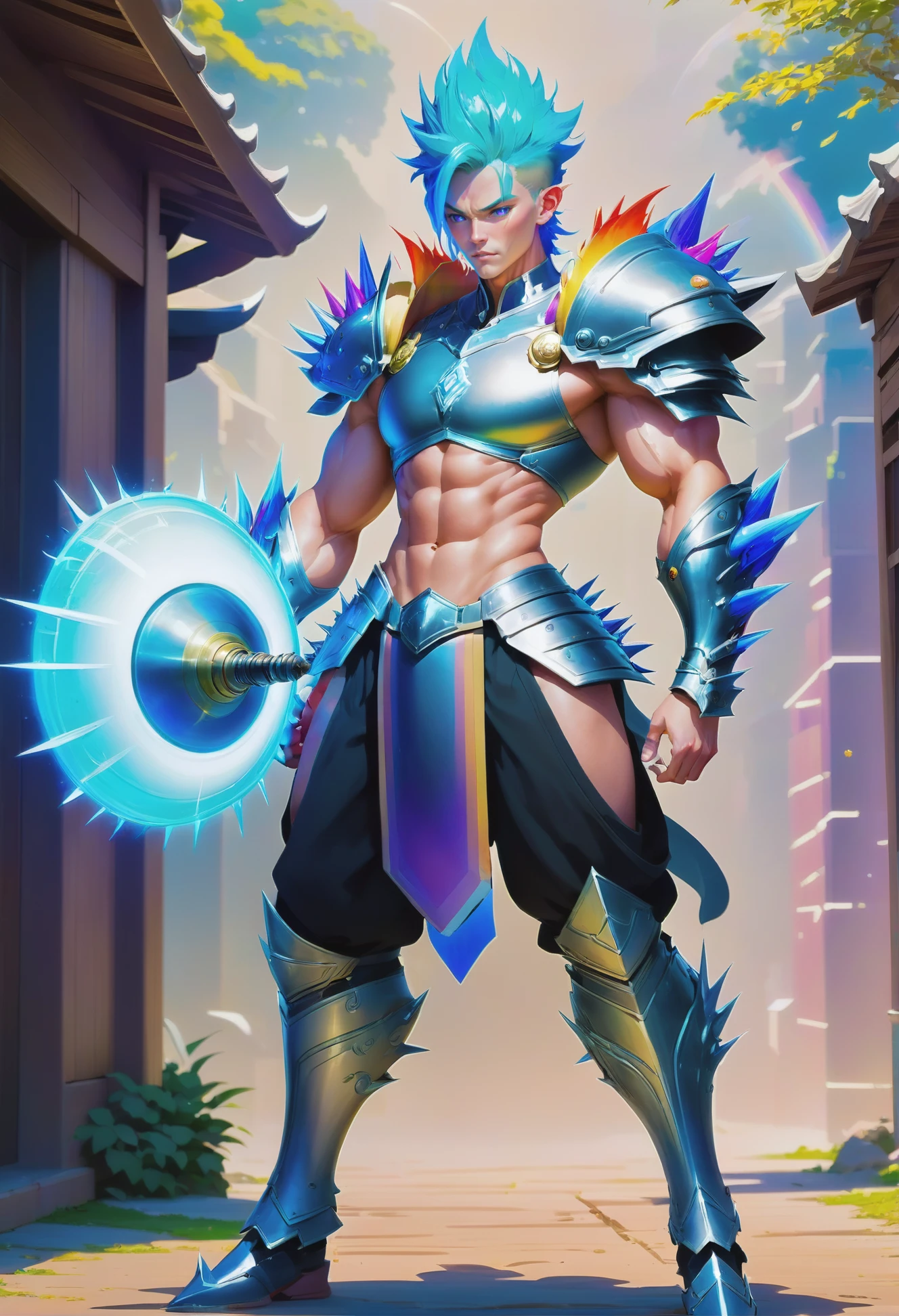 rough digital painting, (full body:1.2), 1boy, man, , solo, [:formal costume design,:0.2] waterbender, rainbow (spiked steel plate pauldrons:1.4), korean, iridescent blue hair, (muscular:1) build, simple background, moba character concept art