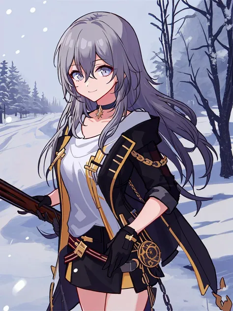 1girl, solo, skirt, gloves, long hair, grey hair, black skirt, open jacket, hair between eyes, planet, grey shirt, black jacket,choker, holding rifle, charging forward, running, 
strong, medium breasts, brave, contemptuous smile, scheming, complacent, satisfied, vivacious,
 street, russian street, real world location, church, snowing, linden, (masterpiece, best quality, highres),cowboy shot, 
 <lyco:StarRail_Stelle_v03:0.49>  <lora:mirrornun-noise:0.32>