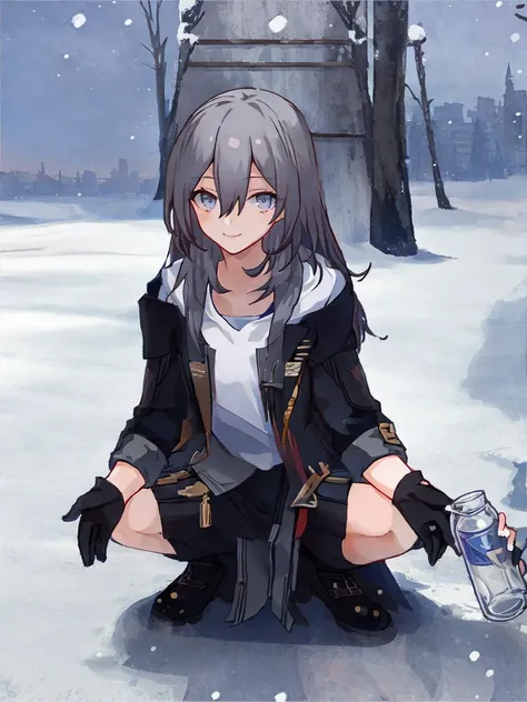 1girl, solo, skirt, gloves, long hair, grey hair, black skirt, open jacket, hair between eyes, planet, grey shirt, black jacket,choker, drinking vodka, vodka, squatting, rest against the wall, gopnik,
strong, medium breasts, brave, contemptuous smile, scheming, complacent, satisfied, vivacious, looking at viewer,
urban, russian city,cityscape, snowing, sunset, masterpiece, best quality, highres,
<lyco:StarRail_Stelle_v03:0.49> <lora:mirrornun-noise:0.32> <lora:jk_v3:1>