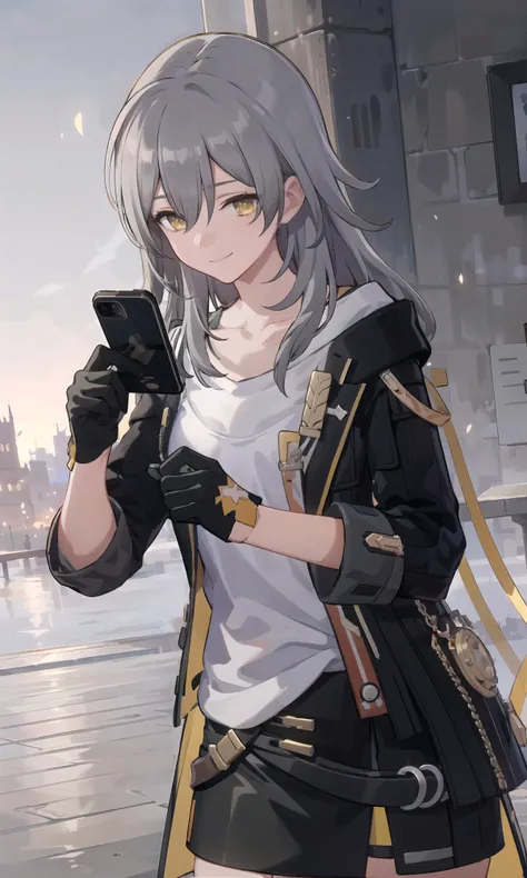 (masterpiece, best quality, highres),
<lyco:stelle_v03:0.5>, stelle \(honkai star rail\),
black jacket, open clothes, white shirt, black skirt, black gloves, holding phone, smile,
cityscape, building,