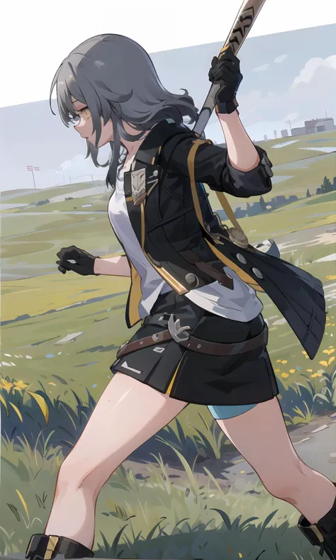 (masterpiece, best quality, highres),
<lyco:stelle_v03:0.5>, stelle \(honkai star rail\),
black jacket, open clothes, white shirt, black skirt, thigh strap, black gloves, running, boots, from behind, holding baseball bat
grass