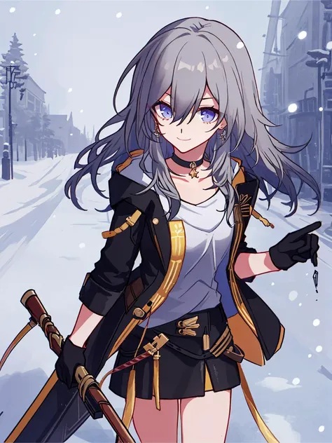 1girl, solo, skirt, gloves, long hair, grey hair, black skirt, open jacket, hair between eyes, planet, grey shirt, black jacket,choker, holding rifle, charging forward, running, 
strong, medium breasts, brave, contemptuous smile, scheming, complacent, satisfied, vivacious,
 street, russian street, real world location, church, snowing, linden, (masterpiece, best quality, highres),cowboy shot, 
 <lyco:StarRail_Stelle_v03:0.49>  <lora:mirrornun-noise:0.32>