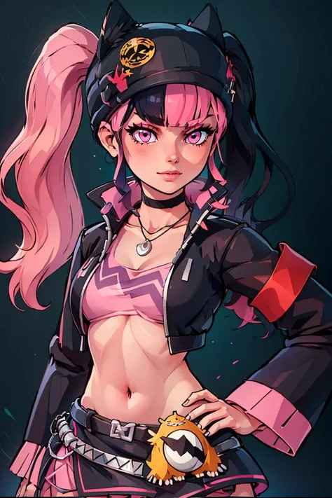 ((masterpiece,best quality)), absurdres, <lora:Zoe_Rayne_Palworld:0.8>, Zoe_Rayne, 1girl, solo, pink eyes, multicolored hair, two-tone hair, twintails, long hair, black hat, animal ear headwear, black choker, black jacket, cropped jacket, choker, belt, miniskirt, black skirt, necklace, pendant, midriff, crop top, solo, hand on hip, smug, smile, looking at viewer, upper body, portrait, detailed eyes,