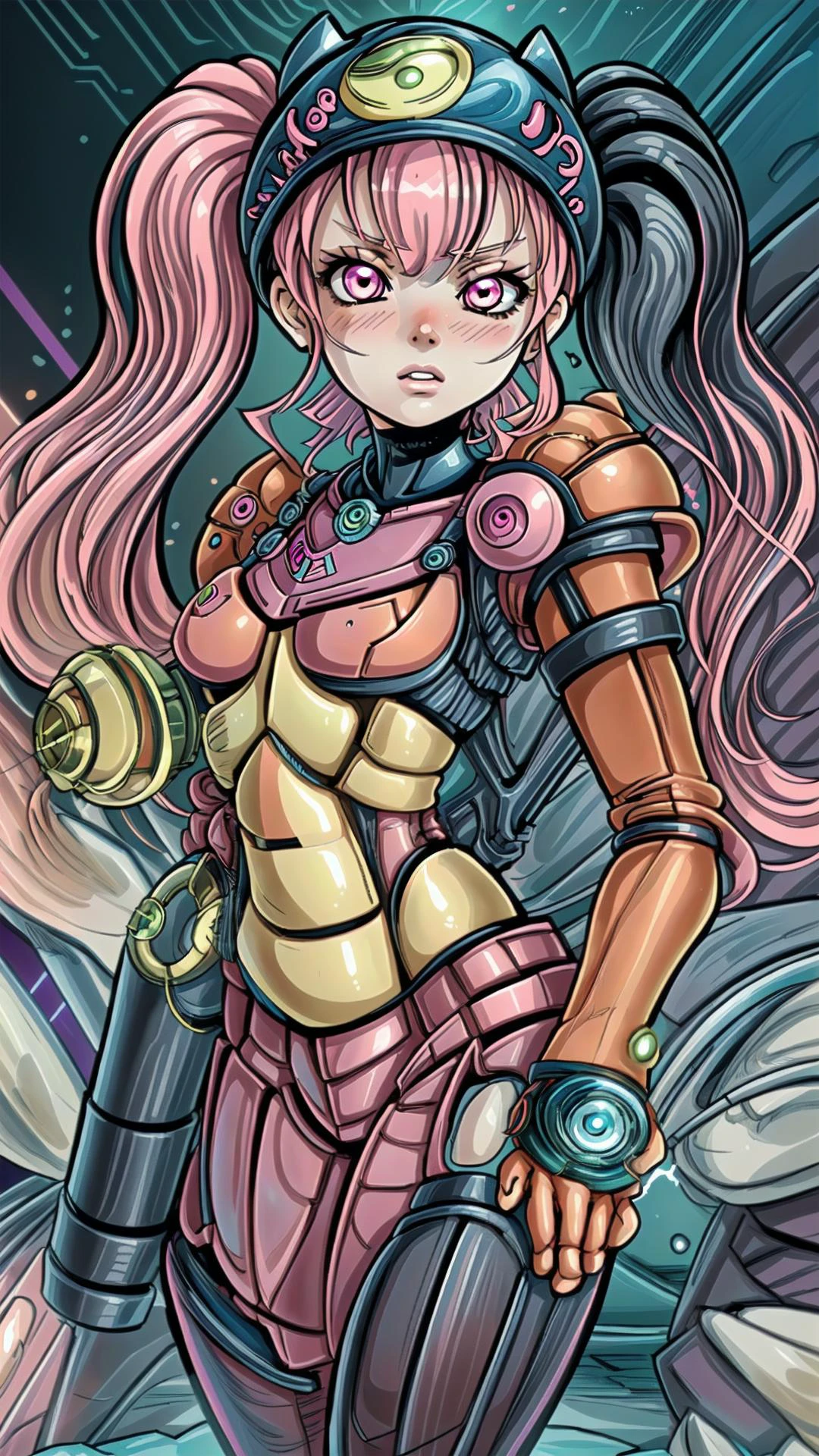<lora:Samus_Varia_Suit:0.8> samus aran, varia suit, arm cannon, (orange armor:1.2), blue armor, BREAK, <lora:Zoe_Rayne_Palworld:0.8> Zoe_Rayne, 1girl, solo, pink eyes, multicolored hair, two-tone hair, split-color hair, twintails, long hair, black hat,