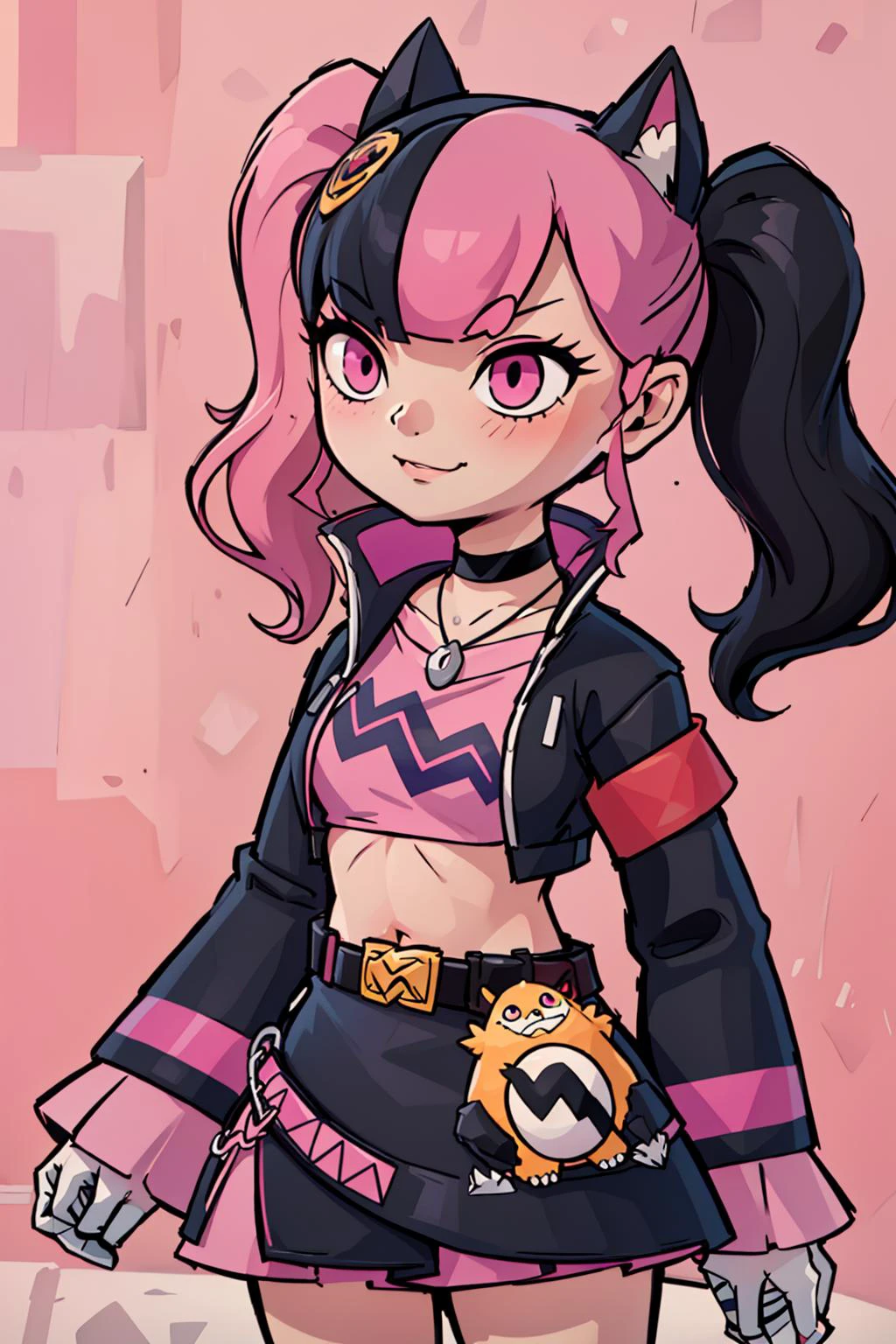 best quality, highly detailed, lying face down, head toward the camera <lora:Zoe_Rayne_Palworld:.8> Zoe_Rayne, 1girl, solo, pink eyes, multicolored hair, two-tone hair, split-color hair, twintails, long hair, black hat, animal ear headwear, black choker, black jacket, cropped jacket, choker, belt, miniskirt, black skirt, necklace, pendant, midriff, crop top