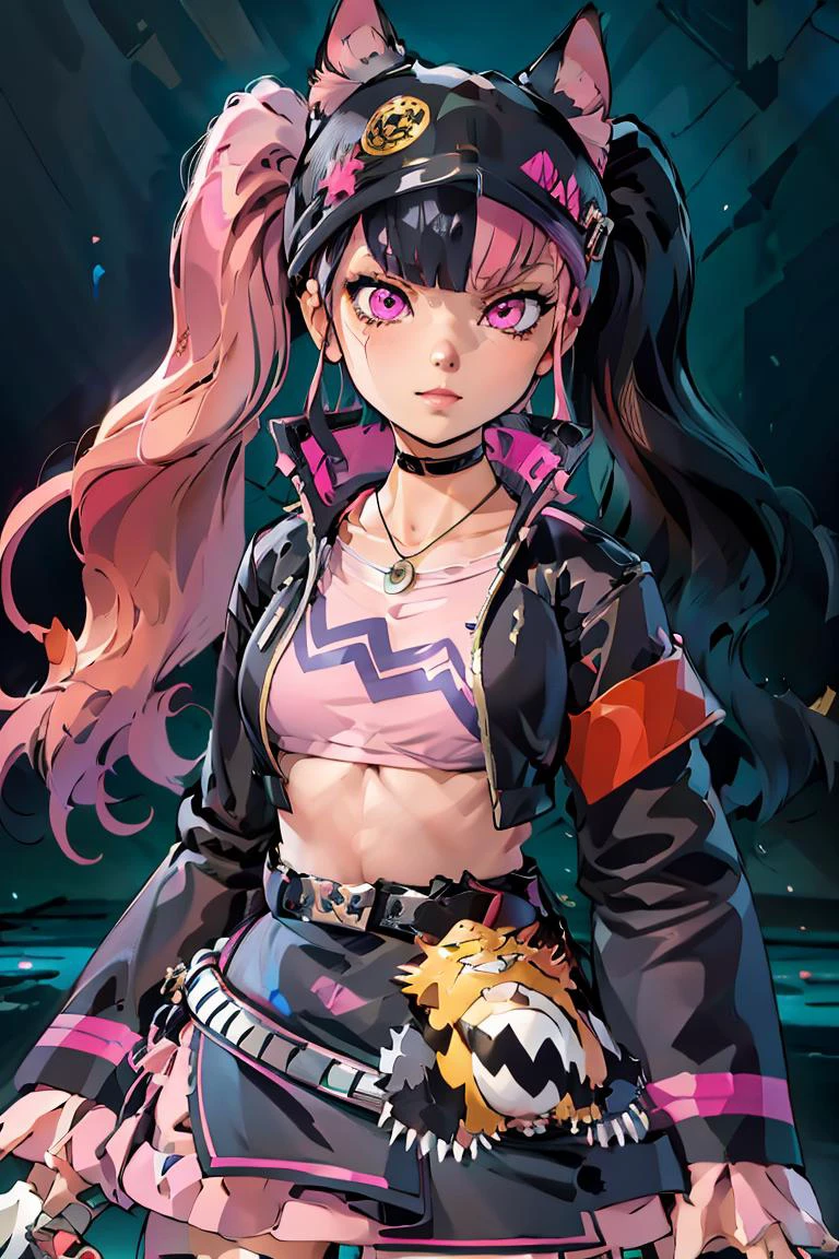 (masterpiece, best quality), 1girl, <lora:Zoe_Rayne_Palworld:1> Zoe_Rayne, 1girl, solo, pink eyes, multicolored hair, two-tone hair, split-color hair, twintails, long hair, black hat, animal ear headwear, black choker, black jacket, cropped jacket, choker, belt, miniskirt, black skirt, necklace, pendant, midriff, crop top