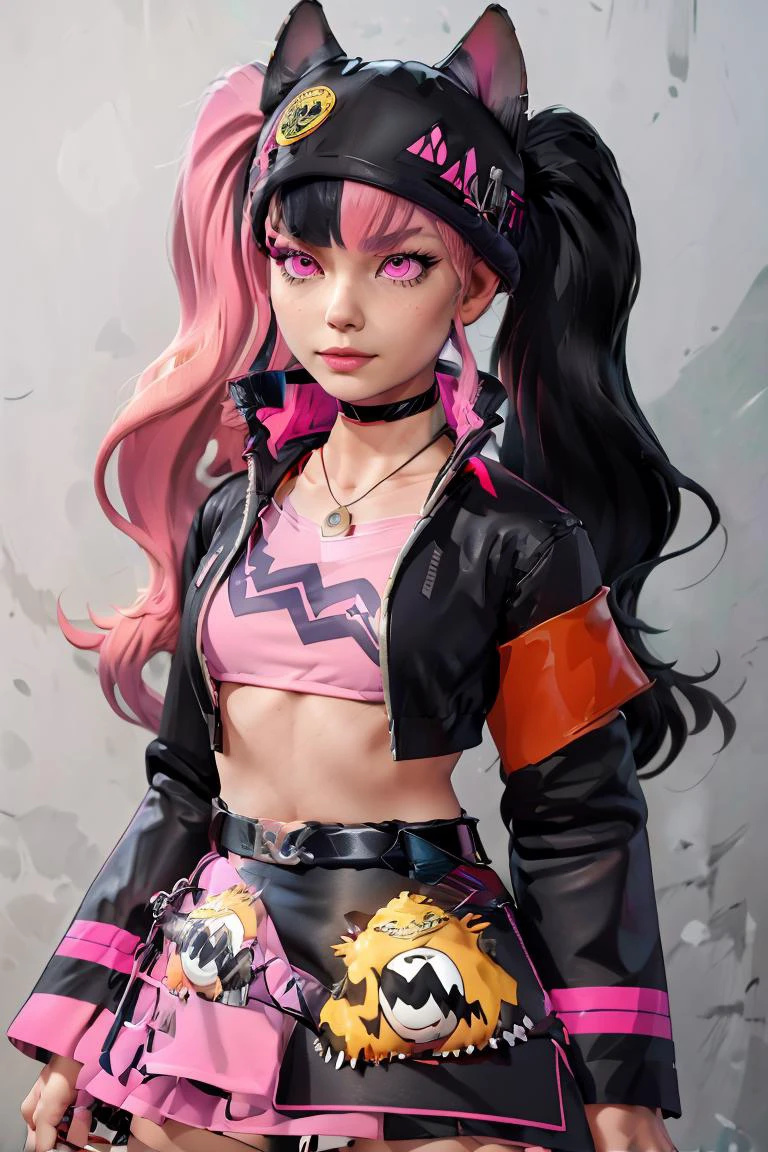 (masterpiece, best quality), 1girl, <lora:Zoe_Rayne_Palworld:1> Zoe_Rayne, 1girl, solo, pink eyes, multicolored hair, two-tone hair, split-color hair, twintails, long hair, black hat, animal ear headwear, black choker, black jacket, cropped jacket, choker, belt, miniskirt, black skirt, necklace, pendant, midriff, crop top