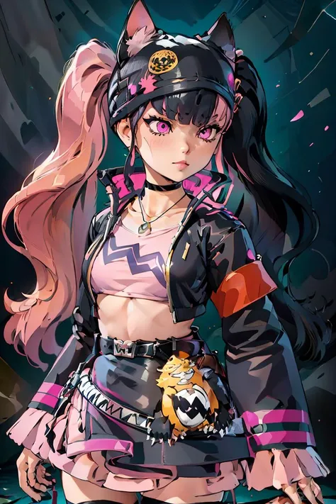 (masterpiece, best quality), 1girl,   <lora:Zoe_Rayne_Palworld:1> Zoe_Rayne, 1girl, solo, pink eyes,  multicolored hair, two-tone hair, split-color hair, twintails, long hair, black hat, animal ear headwear, black choker, black jacket, cropped jacket, choker, belt, miniskirt, black skirt, necklace, pendant,  midriff, crop top