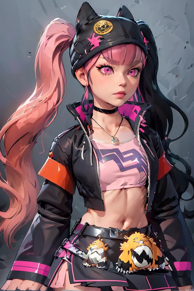 (masterpiece, best quality), 1girl, <lora:Zoe_Rayne_Palworld:1> Zoe_Rayne, 1girl, solo, pink eyes, multicolored hair, two-tone hair, split-color hair, twintails, long hair, black hat, animal ear headwear, black choker, black jacket, cropped jacket, choker, belt, miniskirt, black skirt, necklace, pendant, midriff, crop top