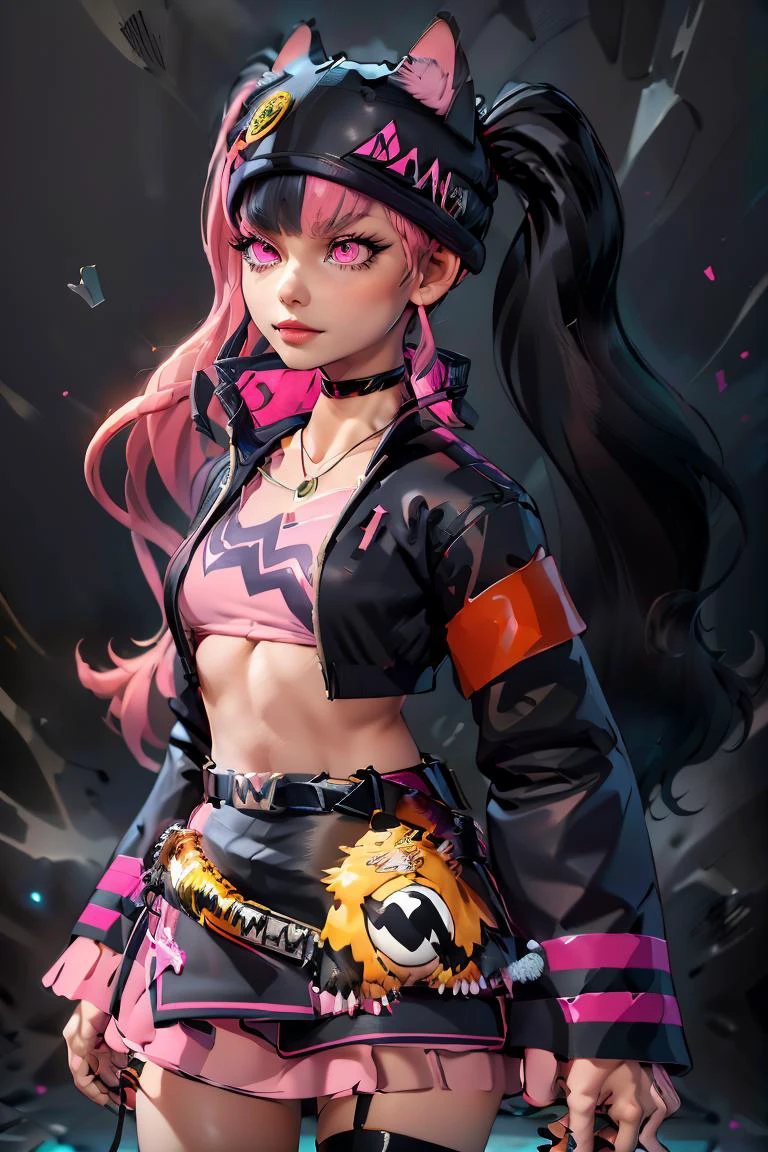 (masterpiece, best quality), 1girl, <lora:Zoe_Rayne_Palworld:1> Zoe_Rayne, 1girl, solo, pink eyes, multicolored hair, two-tone hair, split-color hair, twintails, long hair, black hat, animal ear headwear, black choker, black jacket, cropped jacket, choker, belt, miniskirt, black skirt, necklace, pendant, midriff, crop top