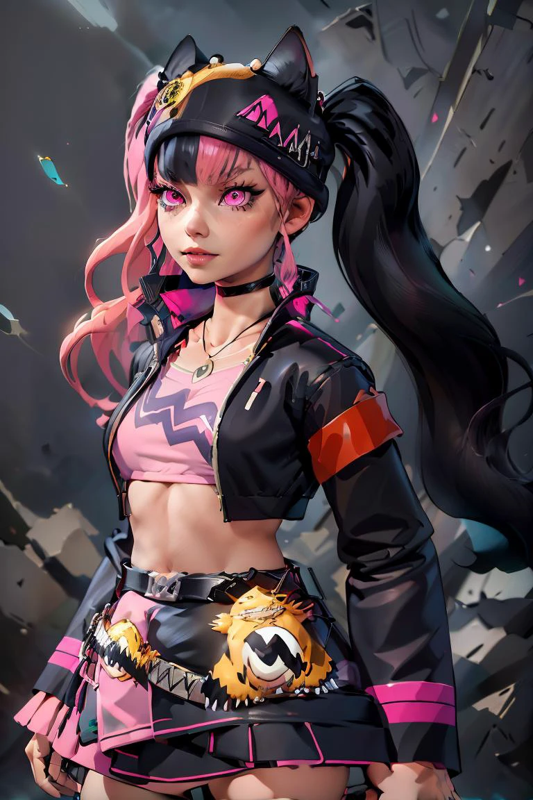 (masterpiece, best quality), 1girl, <lora:Zoe_Rayne_Palworld:1> Zoe_Rayne, 1girl, solo, pink eyes, multicolored hair, two-tone hair, split-color hair, twintails, long hair, black hat, animal ear headwear, black choker, black jacket, cropped jacket, choker, belt, miniskirt, black skirt, necklace, pendant, midriff, crop top
