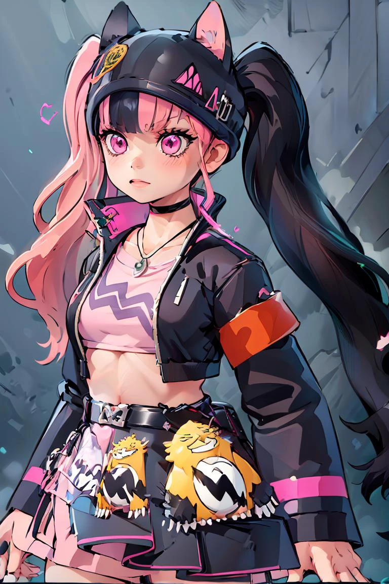 (masterpiece, best quality), 1girl, <lora:Zoe_Rayne_Palworld:1> Zoe_Rayne, 1girl, solo, pink eyes, multicolored hair, two-tone hair, split-color hair, twintails, long hair, black hat, animal ear headwear, black choker, black jacket, cropped jacket, choker, belt, miniskirt, black skirt, necklace, pendant, midriff, crop top