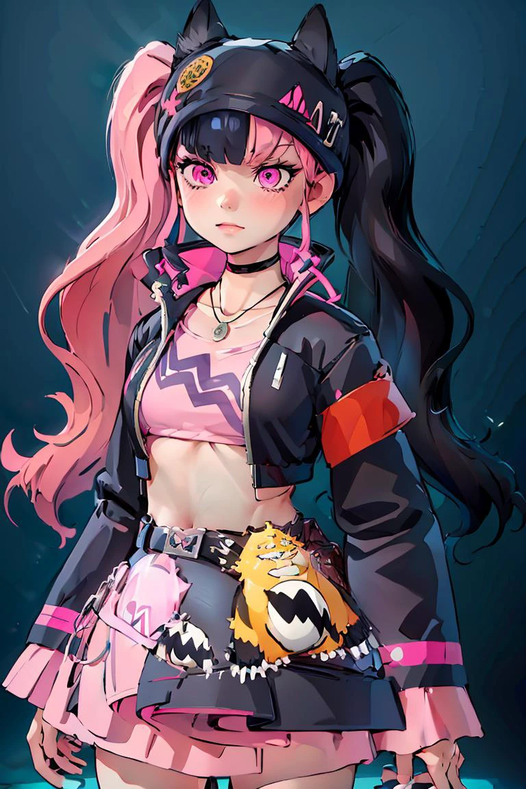 (masterpiece, best quality), 1girl, <lora:Zoe_Rayne_Palworld:1> Zoe_Rayne, 1girl, solo, pink eyes, multicolored hair, two-tone hair, split-color hair, twintails, long hair, black hat, animal ear headwear, black choker, black jacket, cropped jacket, choker, belt, miniskirt, black skirt, necklace, pendant, midriff, crop top