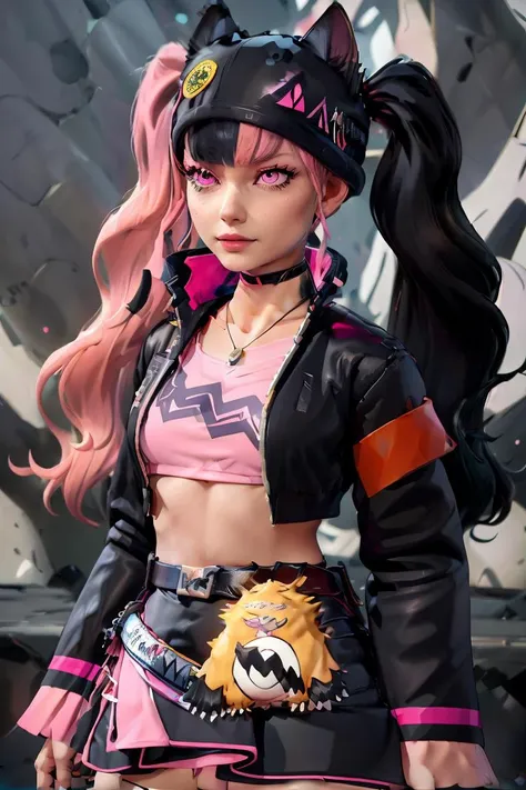 (masterpiece, best quality), 1girl,   <lora:Zoe_Rayne_Palworld:1> Zoe_Rayne, 1girl, solo, pink eyes,  multicolored hair, two-tone hair, split-color hair, twintails, long hair, black hat, animal ear headwear, black choker, black jacket, cropped jacket, choker, belt, miniskirt, black skirt, necklace, pendant,  midriff, crop top