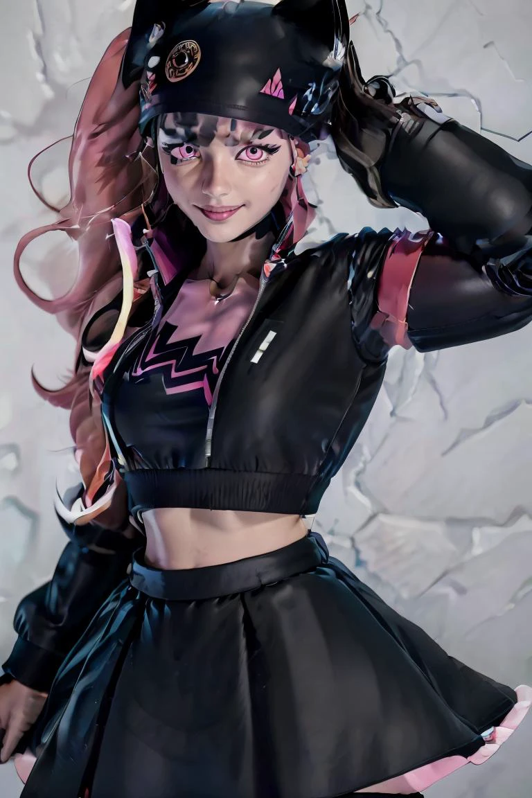 (masterpiece, best quality), 1girl, <lora:Zoe_Palworld_v3:1> Zoe_Palworld, long hair, looking at viewer, smile, long sleeves, hat, jacket, black jacket, black headwear, cat hat, animal ear headwear, pink eyes, midriff, crop top, black skirt,