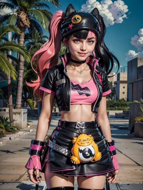 ((masterpiece,best quality)), absurdres, <lora:Zoe_Rayne_Palworld:0.8>, Zoe_Rayne, 1girl, solo, pink eyes, multicolored hair, two-tone hair, twintails, long hair, animal ear headwear, black choker, smile, looking at viewer, cowboy shot, shiny metal, body armor, fingerless gloves, shoulder armor, gauntlets, miniskirt, black skirt, big belt, throwing pokeball, tropical island background
