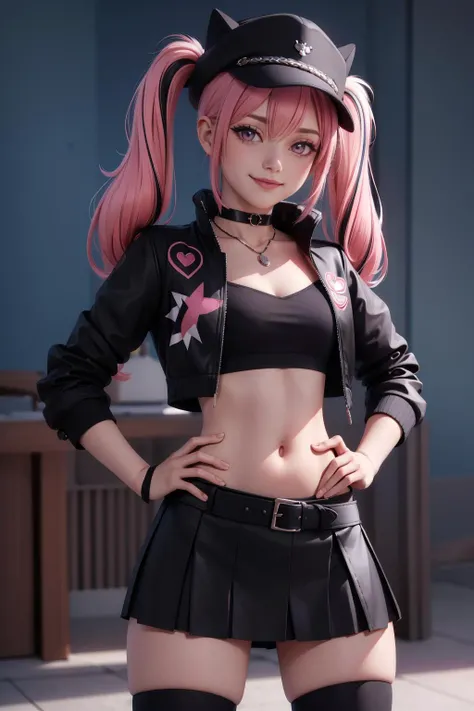 ((masterpiece,best quality)), absurdres, 3d, Zoe_Rayne, 1girl, solo, pink eyes, multicolored hair, two-tone hair, twintails, long hair, black hat, animal ear headwear, black choker, black jacket, cropped jacket, choker, belt, microskirt, pussy, naked, black skirt, necklace, pendant, midriff, crop top, black thighhighs, hand on hip, smug, smile, looking at viewer, cowboy shot, night, darkness, <lora:MicroSkirt_FefaAIart:0.7> <lora:Zoe_Rayne_Palworld:1> <lora:CutePussy:0.6>