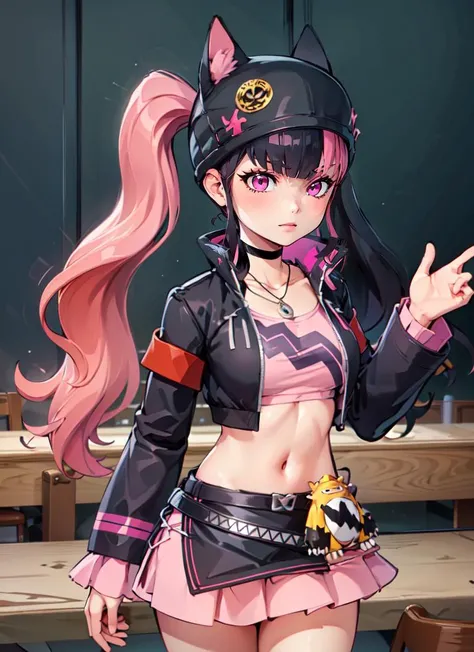((best quality)), ((highly detailed)), extremely detailed face, beautiful face, , (1girl), solo, dynamic pose, cowboy shot, <lora:Zoe_Rayne_Palworld:.75>, Zoe_Rayne, long hair, multicolored hair, two-tone hair, split-color hair, twintails, pink eyes, black hat, animal ear headwear, black choker, necklace, pendant, midriff, crop top, black jacket, cropped jacket, belt, black skirt, miniskirt, (indoors, at a dining room)