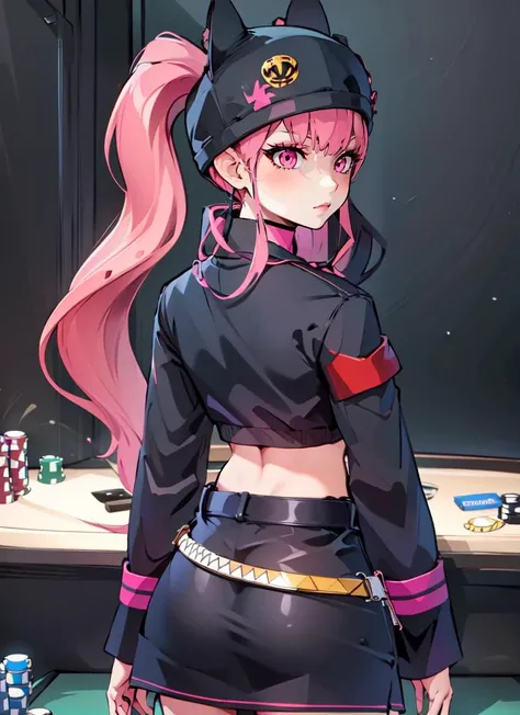 ((best quality)), ((highly detailed)), , (1girl), solo, <lora:back_view-v1:.75>, back view, from behind, dynamic pose, upper body, <lora:Zoe_Rayne_Palworld:.75>, Zoe_Rayne, long hair, multicolored hair, two-tone hair, split-color hair, twintails, pink eyes, black hat, animal ear headwear, black choker, necklace, pendant, midriff, crop top, black jacket, cropped jacket, belt, black skirt, miniskirt, (indoors, at a casino)