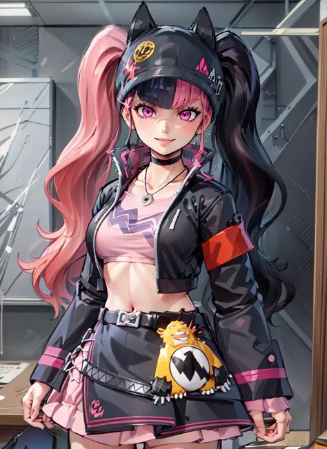 ((best quality)), ((highly detailed)), , (1girl), solo, cowboy shot, (((wide shot))), <lora:hairdetailer:.5>, <lora:Zoe_Rayne_Palworld:.8>, Zoe_Rayne, long hair, multicolored hair, two-tone hair, split-color hair, twintails, pink eyes, smiling, black hat, animal ear headwear, black choker, necklace, pendant, midriff, crop top, black jacket, cropped jacket, belt, black skirt, miniskirt, (inside, at an office, desk)