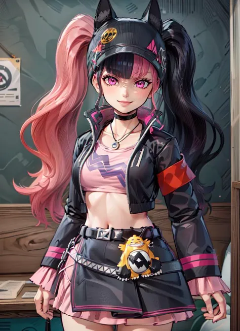 ((best quality)), ((highly detailed)), detailed face, beautiful face, , <lora:more_details:.3>, (1girl), solo, clothes lift, lifting dress, dress lift, <lora:pearl_panties:1>, pearl panties, crotchless panties, lifted by self, from below, ((blush)), <lora:Zoe_Rayne_Palworld:.75>, Zoe_Rayne, long hair, multicolored hair, two-tone hair, split-color hair, twintails, pink eyes, black hat, animal ear headwear, black choker, necklace, pendant, midriff, crop top, black jacket, cropped jacket, belt, black skirt, miniskirt, (outdoors, in an appartment, twilight)