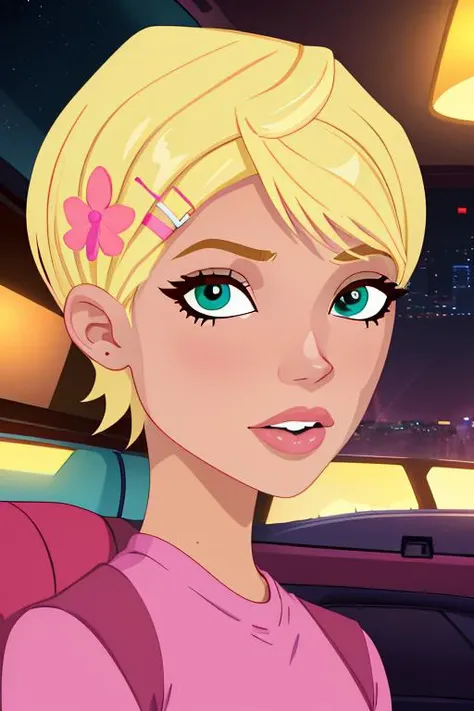(extremely detailed 8K, high resolution, ultra quality, highly detail eyes, highly detail mouth, highly detailed face, perfect eyes, hd, 2k, 4k, 8k, 16k), <lora:6teen_CaitlinCooke-10:0.7> caitlin_cooke, blonde hair, short hair, hairclip, pink shirt,