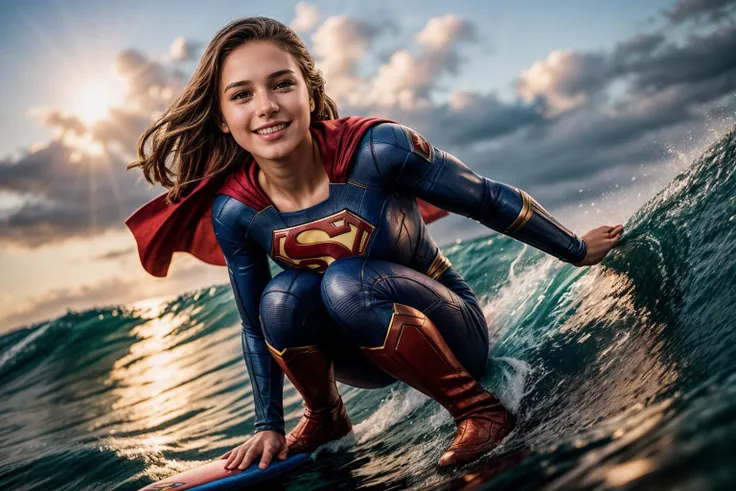 DC movies,photo of a 18 year old girl,supergirl,happy,surfing,huge waves,ray tracing,detail shadow,shot on Fujifilm X-T4,85mm f1.2,sharp focus,depth of field,blurry background,bokeh,lens flare,motion blur,<lora:add_detail:1>,