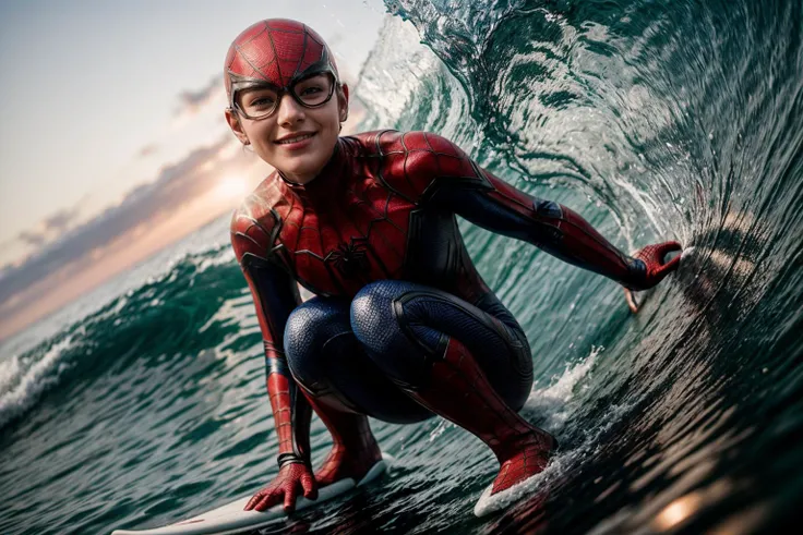 Marvel s,photo of a 18 year old girl,spiderman,happy,surfing,huge waves,ray tracing,detail shadow,shot on Fujifilm X-T4,85mm f1.2,sharp focus,depth of field,blurry background,bokeh,lens flare,motion blur,<lora:add_detail:1>,