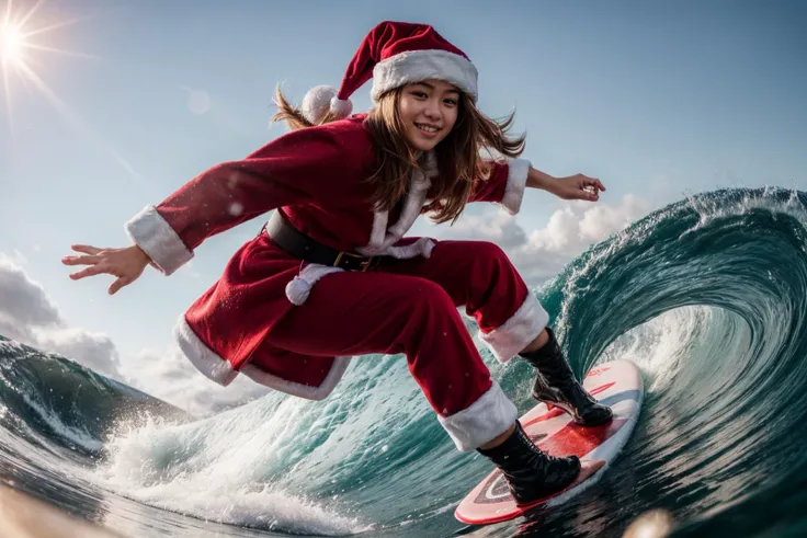 photo of a 18 year old girl,happy,surfing,standing on surfboard,bare hands,huge waves,Santa Clausâs outfit,Red Coat,Red Hat,Red Trousers,Black Belt,Black Boots,White Gloves,christmas theme,outdoor,windy,heavy snow,detail background,ray tracing,detail shadow,shot on Fujifilm X-T4,85mm f1.2,sharp focus,depth of field,blurry background,bokeh,lens flare,motion blur,<lora:add_detail:1>,