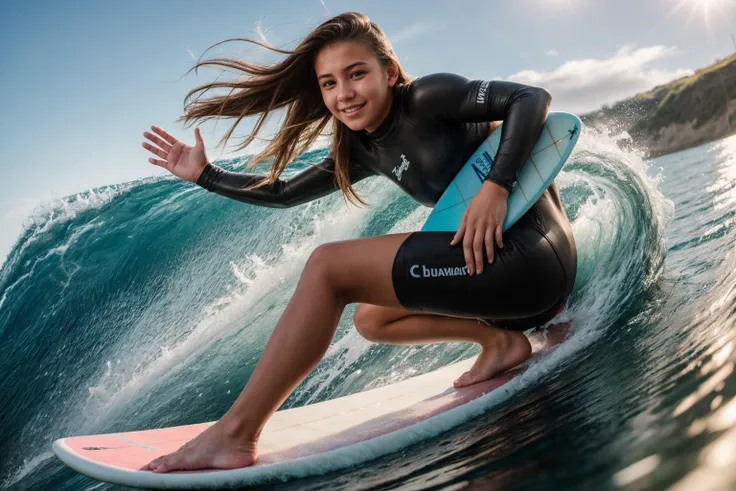 photo of a 18 year old girl,happy,surfing,standing on surfboard,bare hands,huge waves,ray tracing,detail shadow,shot on Fujifilm X-T4,85mm f1.2,sharp focus,depth of field,blurry background,bokeh,lens flare,motion blur,<lora:add_detail:1>,