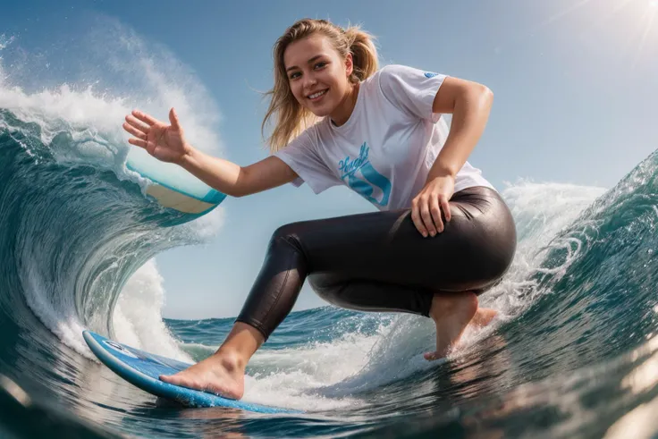photo of a 25 year old girl,happy,surfing,standing on surfboard,bare hands,huge waves,shirt,pants,ray tracing,detail shadow,shot on Fujifilm X-T4,85mm f1.2,sharp focus,depth of field,blurry background,bokeh,lens flare,motion blur,<lora:add_detail:1>,