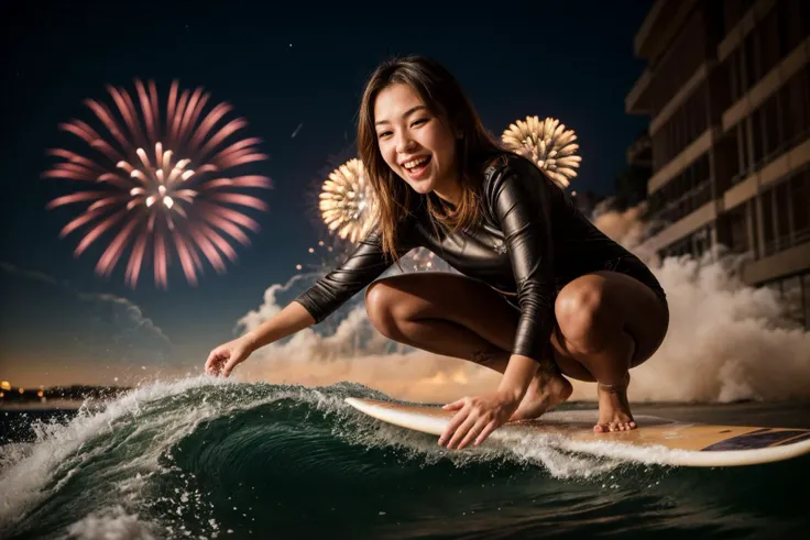 close-up of Grand finale of a fireworks show,multiple explosions lighting up the night sky,smoke trails lingering.,directed by Denys Arcand Saturated pastels,symmetrical framing,centered composition,whimsical,offbeat,quirky,faux-vintage,cinematic tableau,skeptical,doubting,cynical,photo of a 18 year old girl,surfing,waves,happy,laughing,fit and petite body,ray tracing,detail shadow,shot on Fujifilm X-T4,85mm f1.2,sharp focus,depth of field,blurry background,bokeh,lens flare,motion blur,<lora:add_detail:1>,