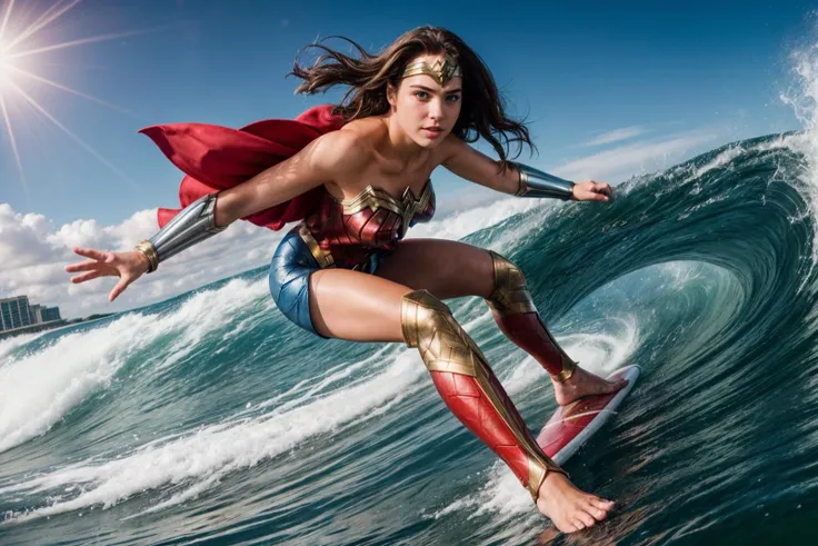 DC movies,photo of a 18 year old girl,wonder woman,happy,surfing,standing on surfboard,bare hands,huge waves,ray tracing,detail shadow,shot on Fujifilm X-T4,85mm f1.2,sharp focus,depth of field,blurry background,bokeh,lens flare,motion blur,<lora:add_detail:1>,