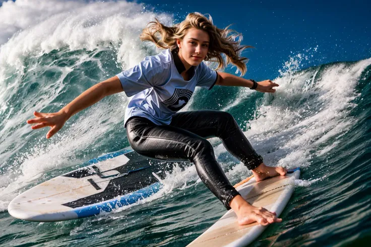 photo of a 18 year old girl,happy,surfing,shralp,<lora:Sfboard:0.7>,huge waves,shirt,pants,ray tracing,detail shadow,shot on Fujifilm X-T4,85mm f1.2,sharp focus,depth of field,blurry background,bokeh,lens flare,motion blur,<lora:add_detail:1>,