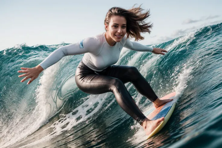 photo of a 30 year old girl,happy,surfing,standing on surfboard,bare hands,huge waves,ray tracing,detail shadow,shot on Fujifilm X-T4,85mm f1.2,sharp focus,depth of field,blurry background,bokeh,lens flare,motion blur,<lora:add_detail:1>,