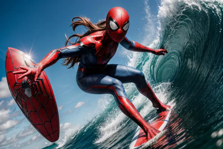 Marvel s,photo of a 18 year old girl,spiderman,happy,surfing,standing on surfboard,bare hands,huge waves,ray tracing,detail shadow,shot on Fujifilm X-T4,85mm f1.2,sharp focus,depth of field,blurry background,bokeh,lens flare,motion blur,<lora:add_detail:1>,