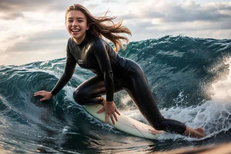 full body,photo of a 18 year old girl,happy,laughing,surfing,huge waves,ray tracing,detail shadow,shot on Fujifilm X-T4,85mm f1.2,sharp focus,depth of field,blurry background,bokeh,lens flare,motion blur,<lora:add_detail:1>,