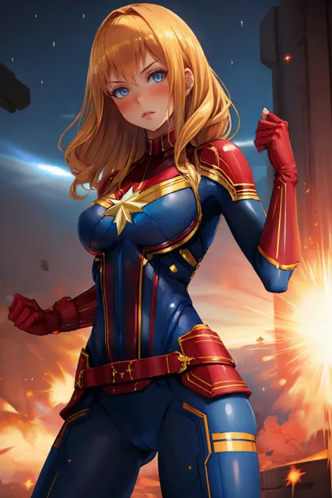 (masterpiece, best quality:1.2), 1girl, solo, looking at viewer, <lora:hotmelon:0.95> hotmelon, <lora:cptmarvel-nvwls-v1:0.95> cptMarvel, bodysuit, red gloves, belt