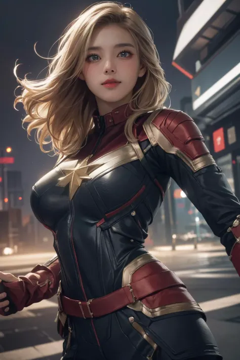 realistic, photorealistic, best quality, masterpiece, ultra high res, finely detailed, quality, realistic lighting, detailed skin, intricate details, raw photo, absurdres, highres, ultra detailed, BREAK, 1girl, solo, looking at viewer, 18 years old, hand of Guido Daniele, (cptmarvel, bodysuit, red gloves, belt, blonde hair, cityscape with a beautiful night view, leaning forward, large breasts, toned, smile, hand up, fist, solo focus, blush), (beautifu and aesthetic face, detailed face, clean facial features, an extremely delicate and beautiful, beautiful detailed eyes, stars in the eyes, Pink lips, Glowing Eyes, perfect face, detailed pupils, Makeup:1.1), (nice hands, sexy, slim, large breasts, skinny, narrow waist, human anatomy:1.1), (detailed light, beautiful detailed glow, detailed background:1.1), (reflection, refraction, Rembrandt lighting, diffuse lighting, radiosity, photon mapping, subsurface scattering, dynamic lighting, Multi-exposure HDR capture, Screen Space Global Illumination, Ray Tracing, Lumen Reflections, Tone Mapping, volumetric lighting, Circular polarizer, broad lighting, dramatic lighting:1.1), BREAK, explosive light and shadow, sharp focus, film grain, rim lighting, two tone lighting, rim light, Overdetailed art, official art, beautiful and aesthetic, beautiful, elegant, vivid colours, warm tone, soft light, delicate, Ultrarealistic, Detailed illustration, extremely detailed CG Unity 8k wallpaper, PBR Texturing, huge filesize, 8k uhd, octane render, unreal engine 5, BREAK, <lora:GoodHands-beta2:1>, <lora:cptmarvel-nvwls-v1:1>